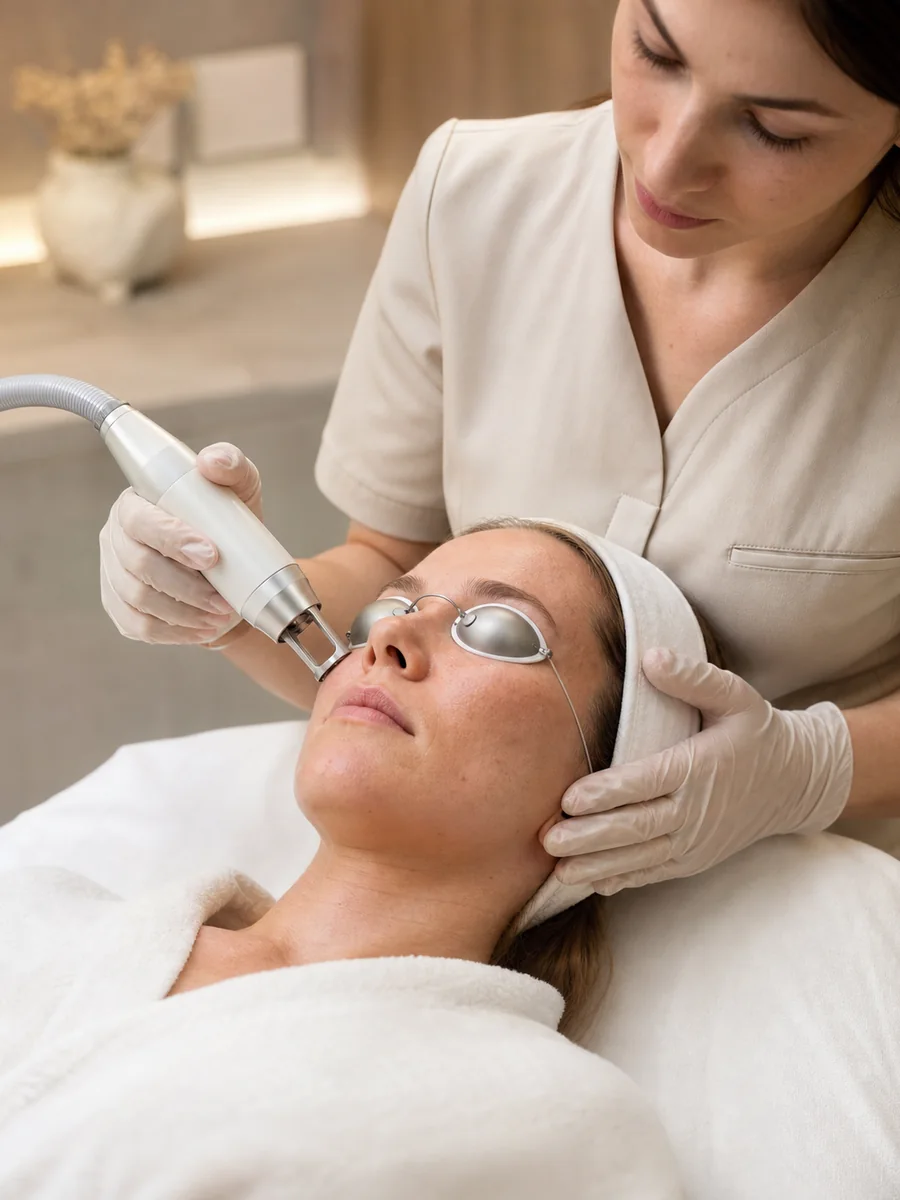 Profissional realizando tratamento facial a laser