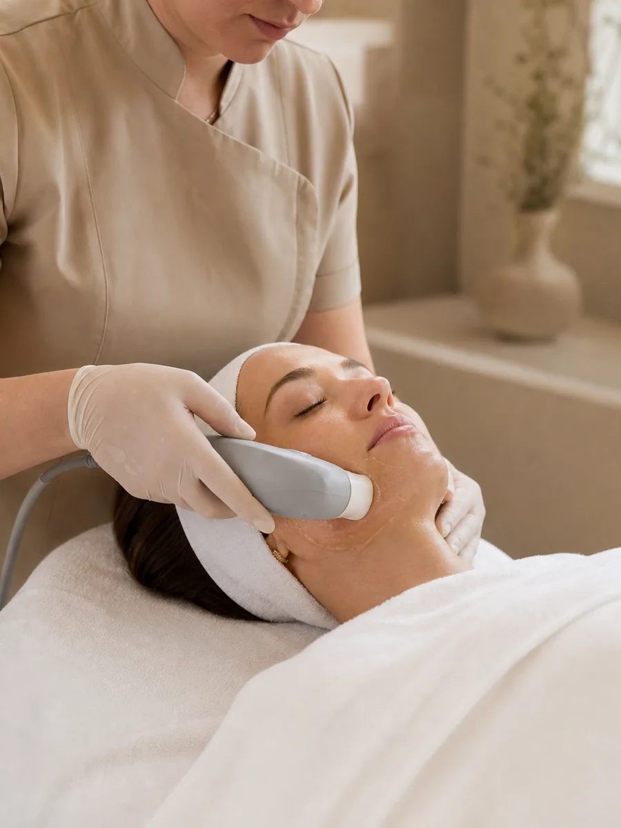 Profissional realizando tratamento de ultrassom facial